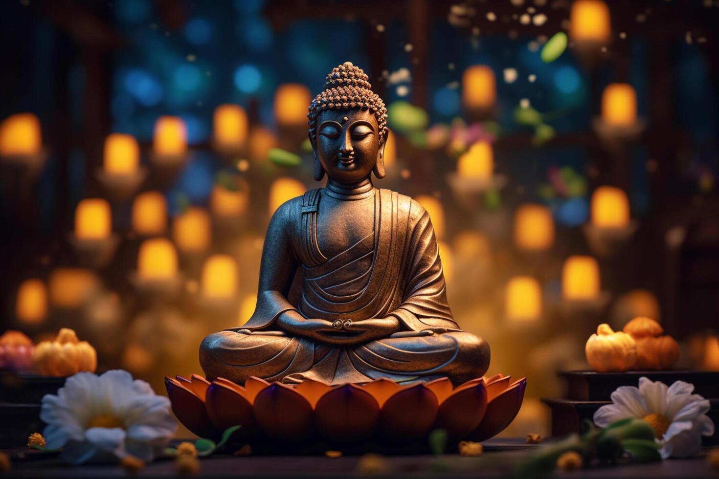 un Buda se sienta en un jardín con un loto y velas antecedentes para vesak festival celebracion. vesak día concepto. vesak celebracion día saludos por ai generado foto