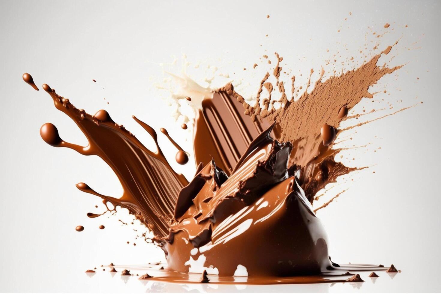 A delicious melting chocolate splash in a realistic style. Hot chocolate, cacao or coffee splash. Tasty chocolate liquid splash. Chocolate sauce crown splash. For chocolate day dessert by photo