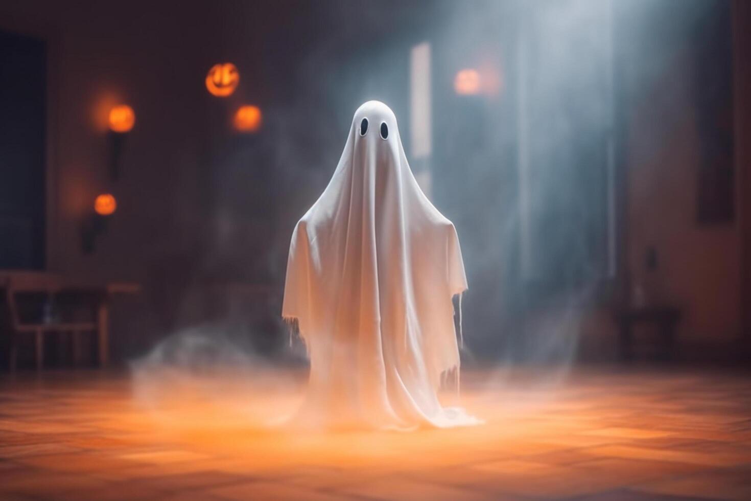 Human in spooky ghosts costume flying inside the old house or forest at night. Spooky halloween background with ghost. Ghost on halloween celebration concept by photo