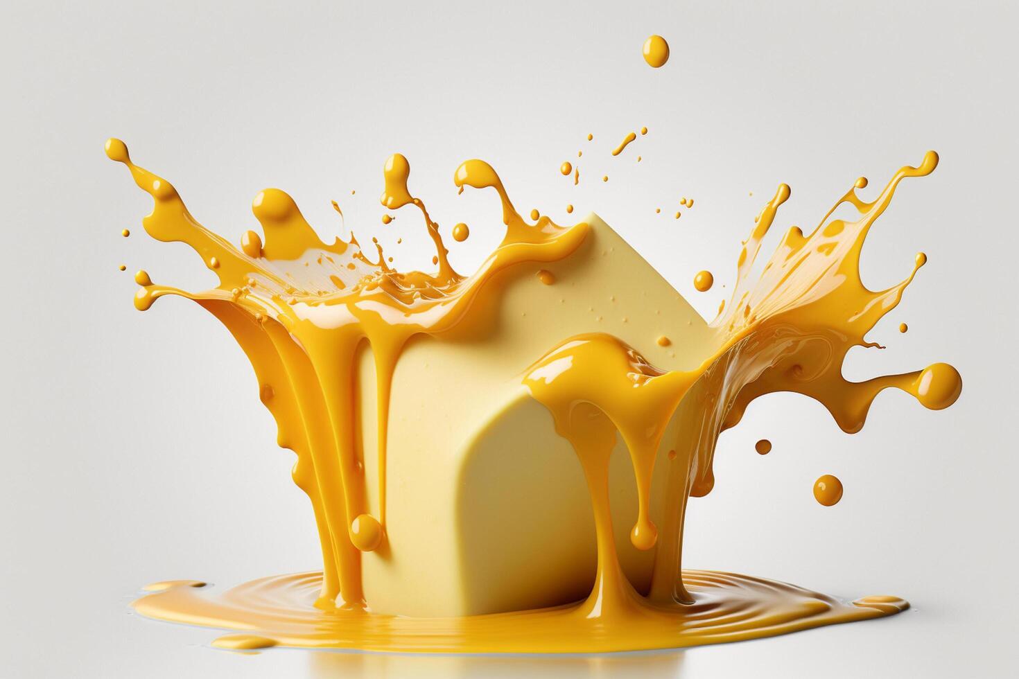 A delicious melting cheese splash in a realistic style. Hot cheese or cheddar splash. Tasty cheese liquid splash. Cheese sauce crown splash. For italian food, world cheese day, dessert by photo