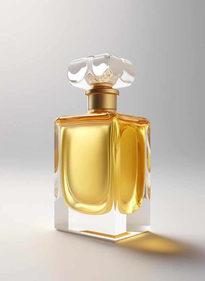 A high class bottle of glass perfume with yellow liquid. Aromatic perfume bottles on white background. For beauty product, cosmetic, perfume day, fragrance day or perfume launch event by photo