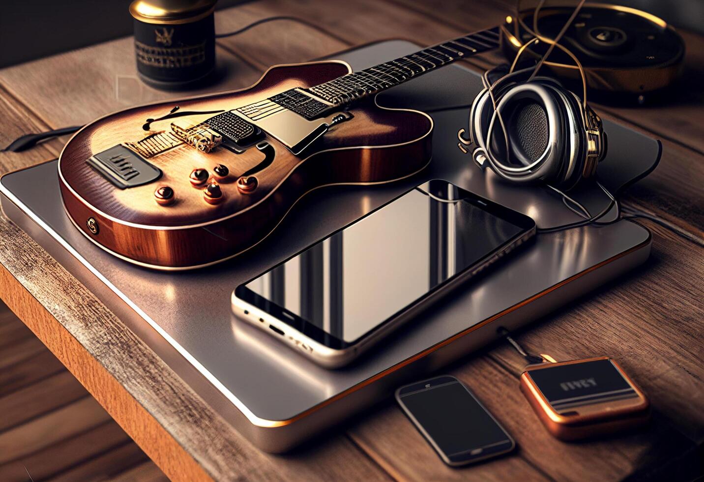 Photo music objects with guitar, gadget and coffee on the table in classic style. Beautiful electric guitar on with headphones and desktop musical creativity concept. World music day by