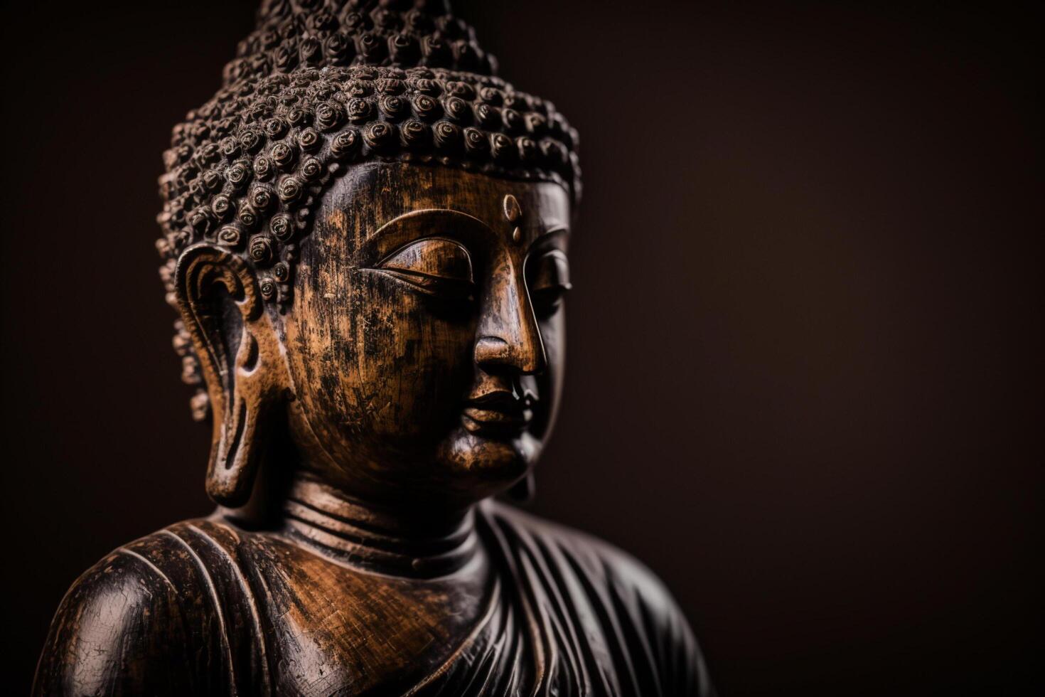 A thai buddha statue sits and meditating at buddhist temple. Ancient thailand buddha face. Background for vesak festival celebration. Vesak day concept. Vesak celebration day greetings by photo
