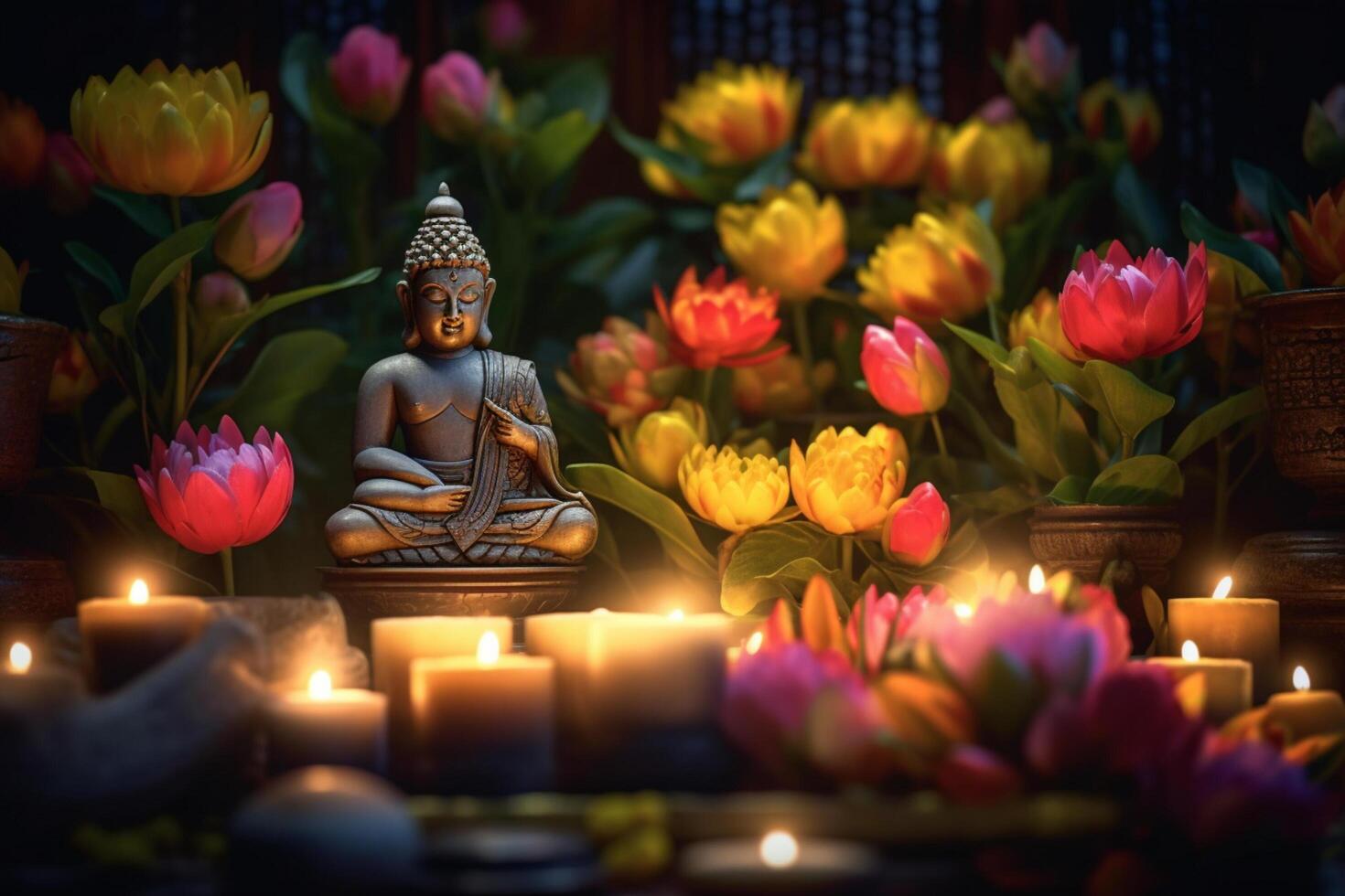 A buddha sits in a garden with a lotus and candles. Background for vesak festival celebration. Vesak day concept. Vesak celebration day greetings by photo