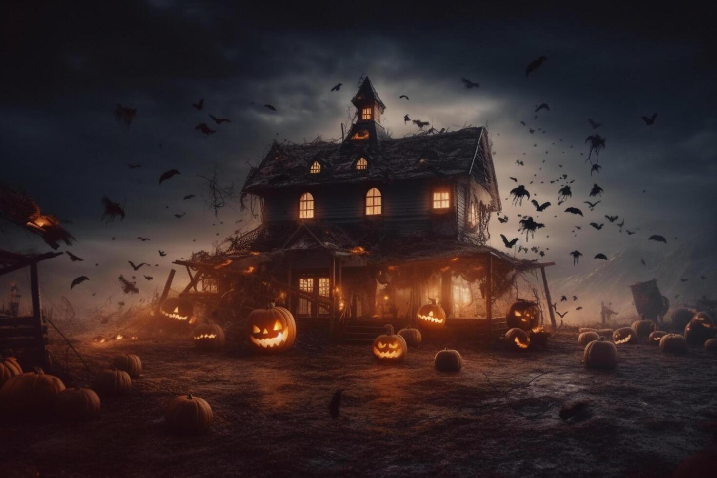 Haunted house on halloween celebration concept. Spooky house halloween background with deserted building and pumpkin. Scary house with creepy building at night by photo