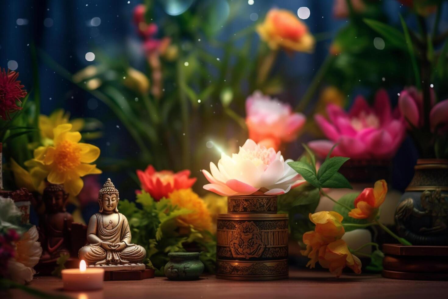 A buddha sits in a garden with a lotus and candles. Background for vesak festival celebration. Vesak day concept. Vesak celebration day greetings by photo