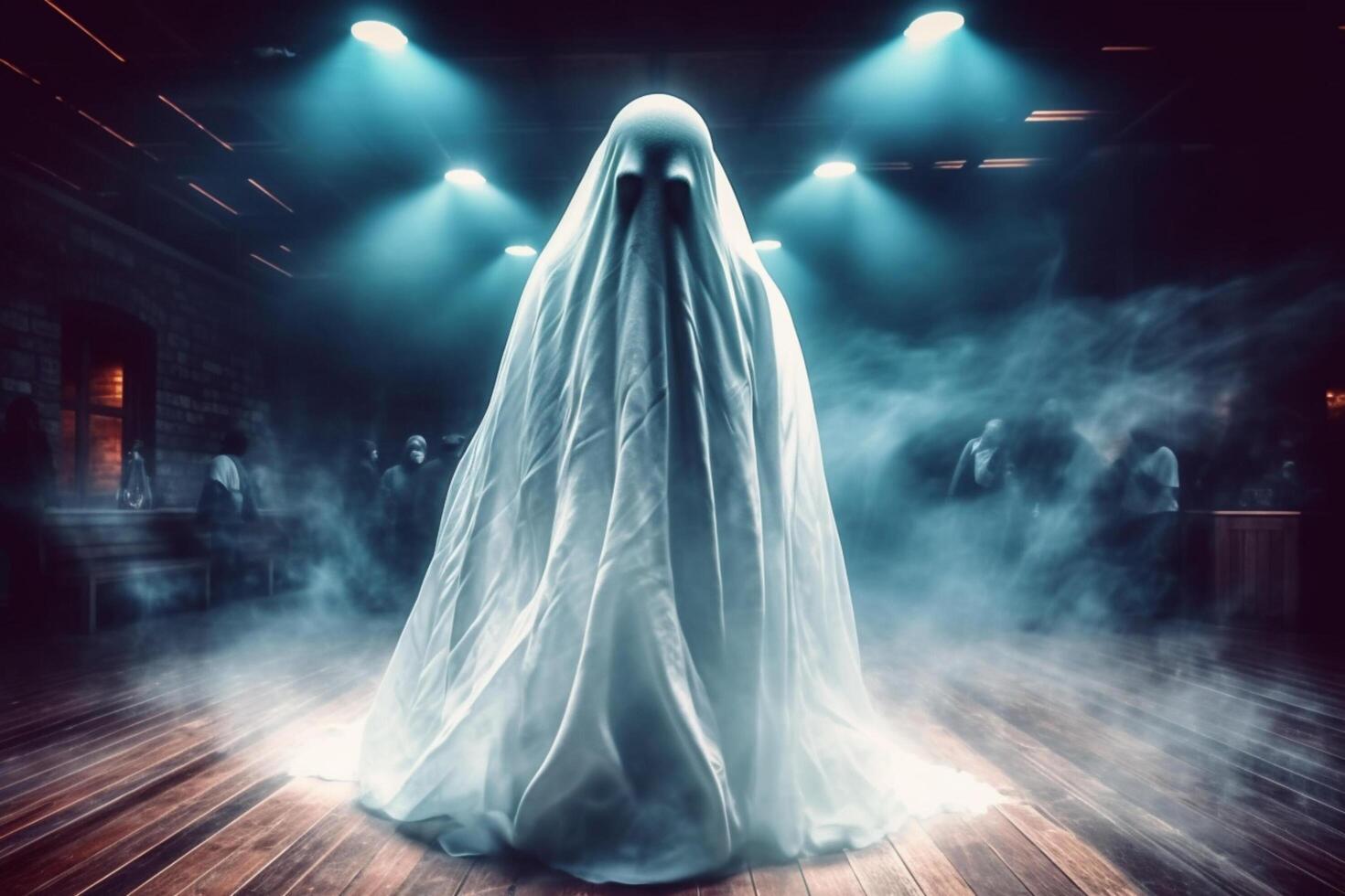 Human in spooky ghosts costume flying inside the old house or forest at night. Spooky halloween background with ghost. Ghost on halloween celebration concept by photo