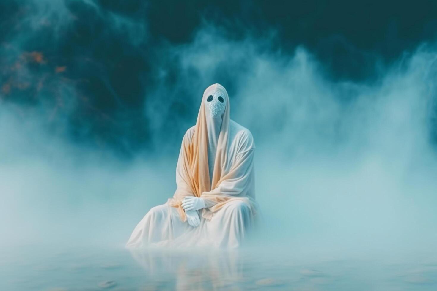 Human in spooky ghosts costume flying inside the old house or forest at night. Spooky halloween background with ghost. Ghost on halloween celebration concept by photo