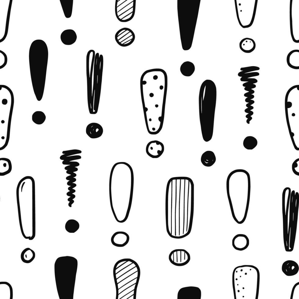 Hand drawn exclamation mark seamless pattern. Scribble doodle exclamation point sign background. Hand drawn sketch danger pattern. vector