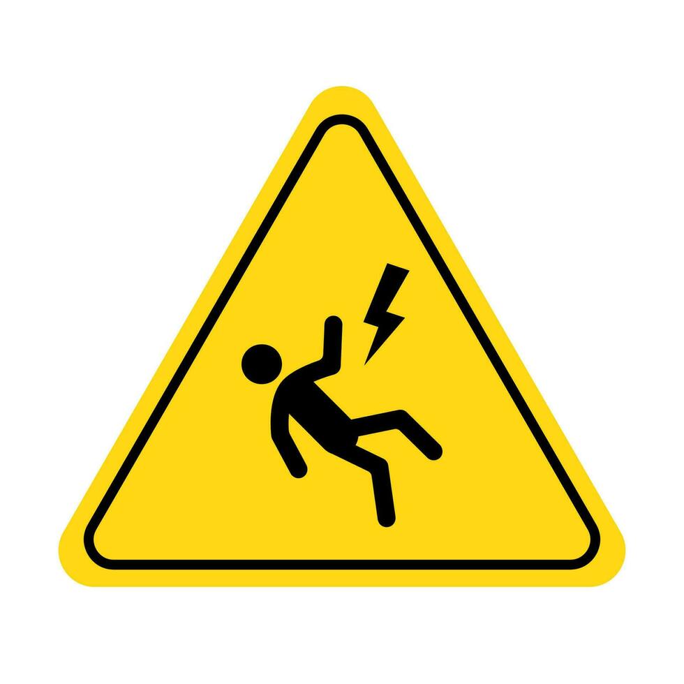 Shock danger icon. Voltage shock caution sign with electric lightning pictogram man. Warning, danger, yellow triangle sign. vector
