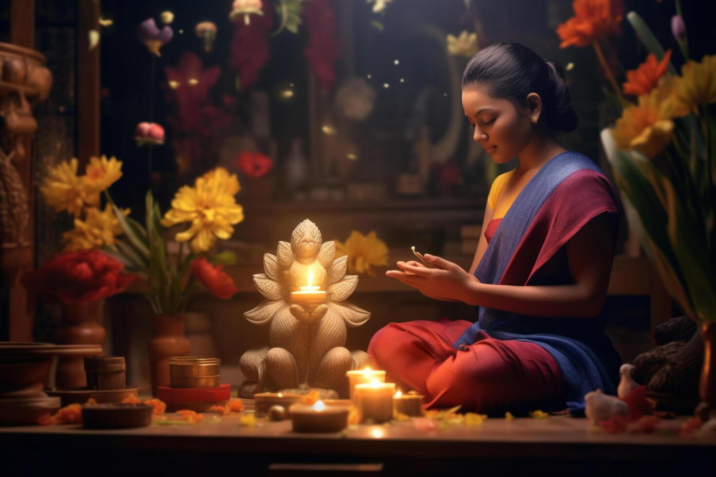 A buddha sits in a garden with a lotus and candles. Background for vesak festival celebration. Vesak day concept. Vesak celebration day greetings by photo