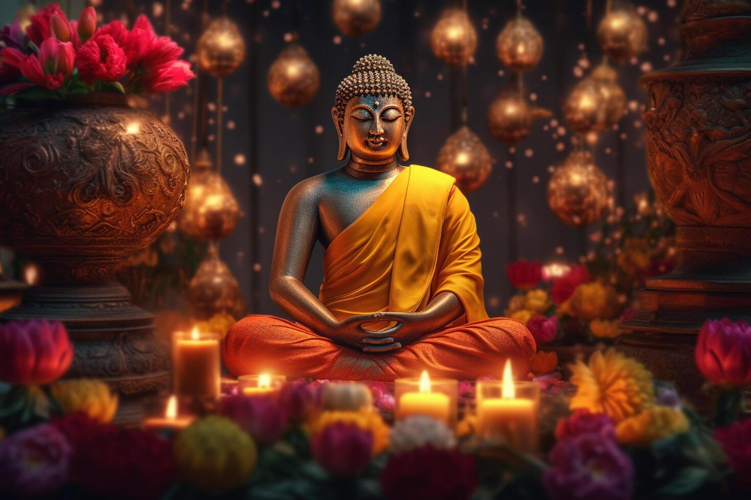 A buddha sits in a garden with a lotus and candles. Background for vesak festival celebration. Vesak day concept. Vesak celebration day greetings by photo