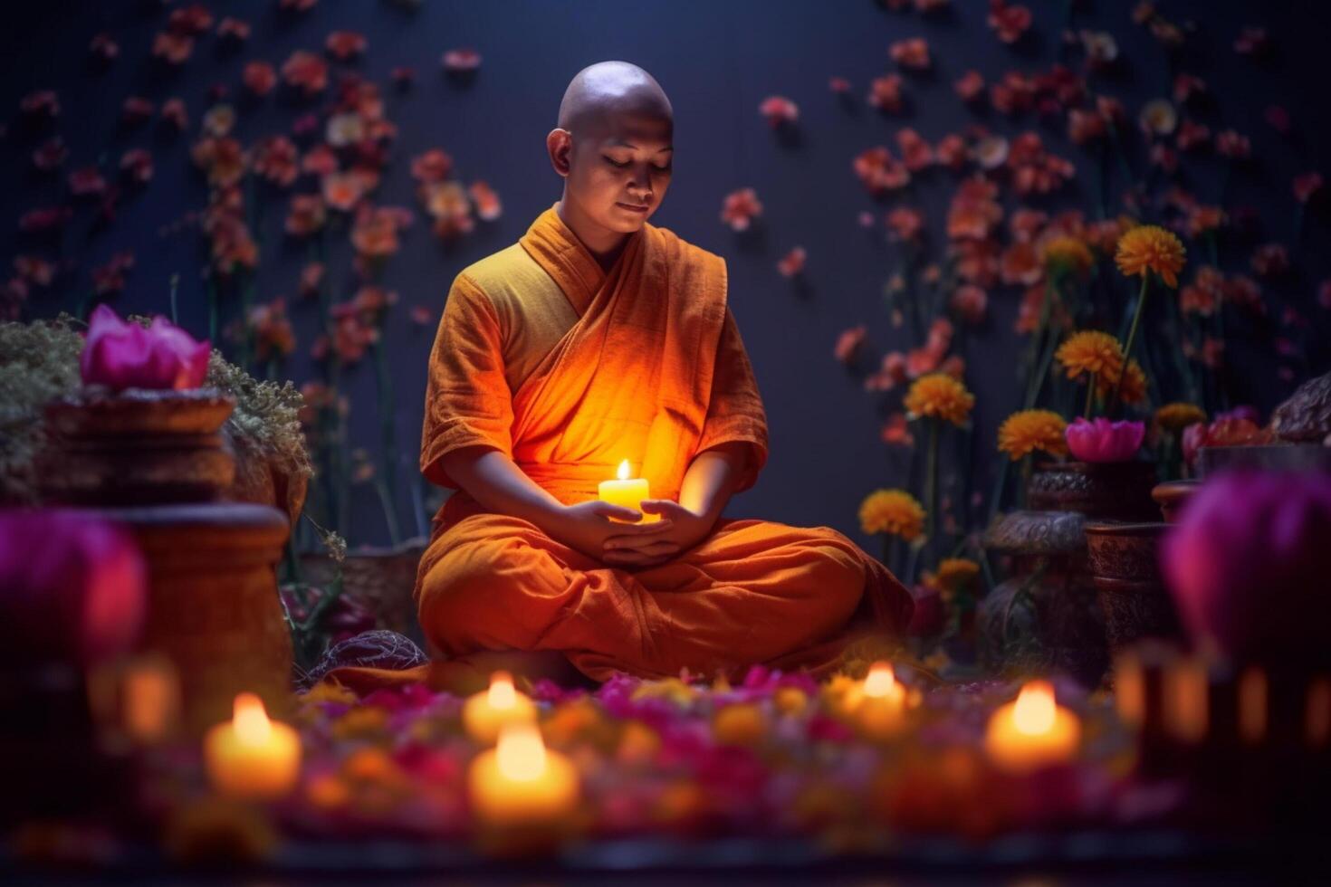 A buddha sits in a garden with a lotus and candles. Background for vesak festival celebration. Vesak day concept. Vesak celebration day greetings by photo