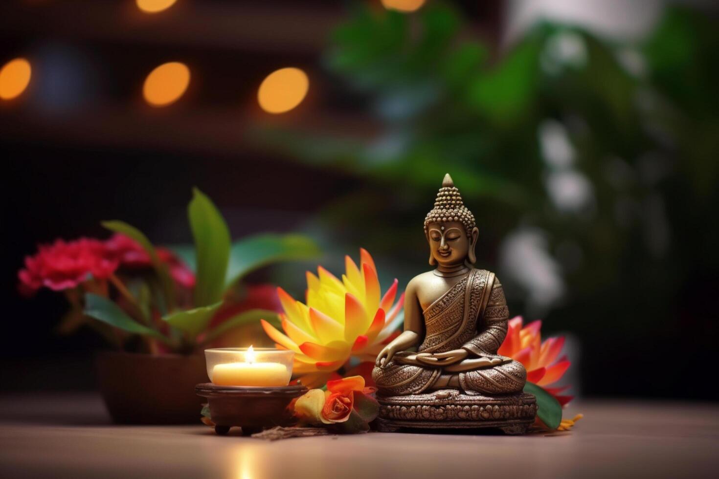 A buddha sits in a garden with a lotus and candles. Background for vesak festival celebration. Vesak day concept. Vesak celebration day greetings by photo