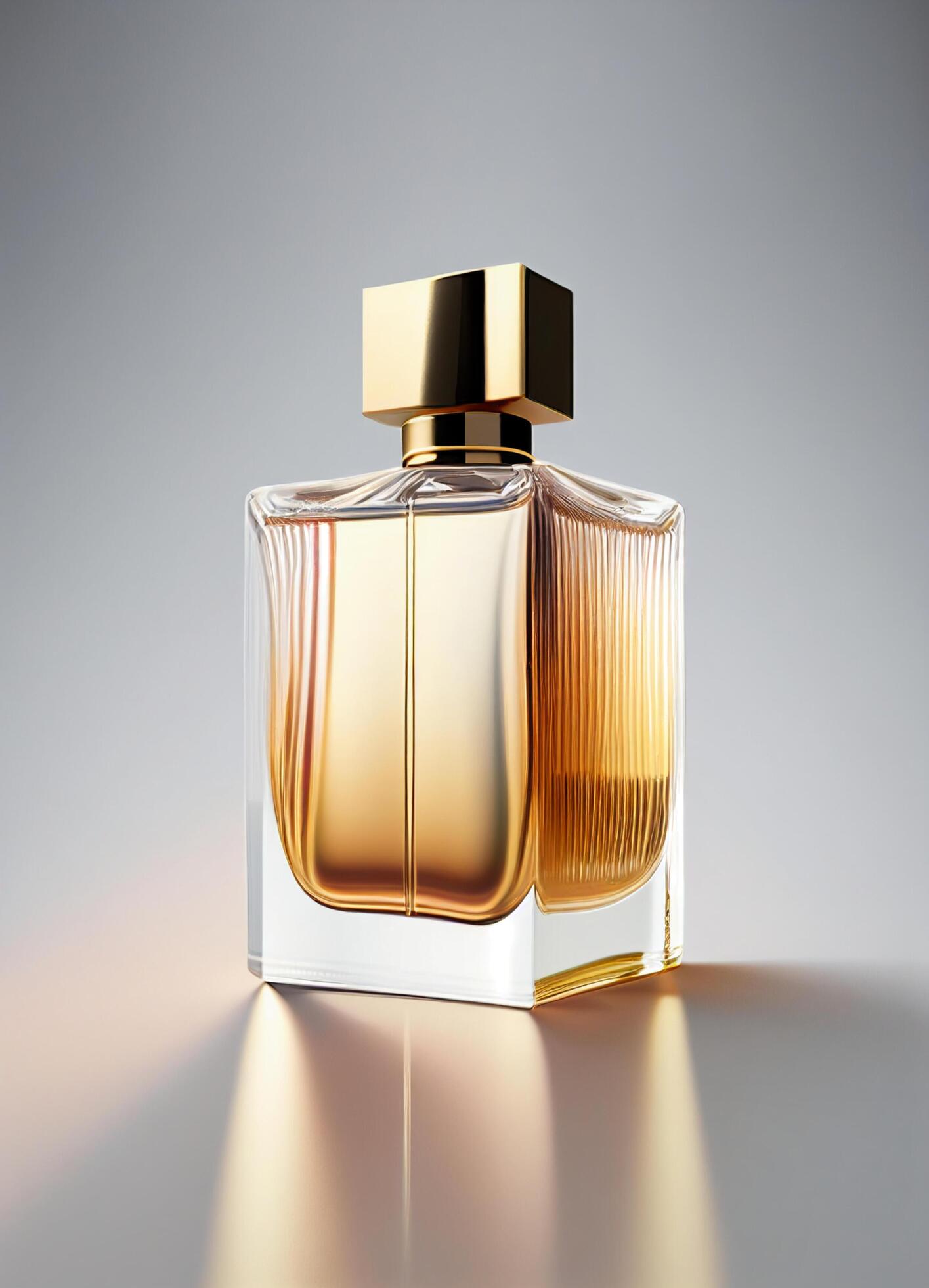 A high class bottle of glass perfume with yellow liquid. Aromatic