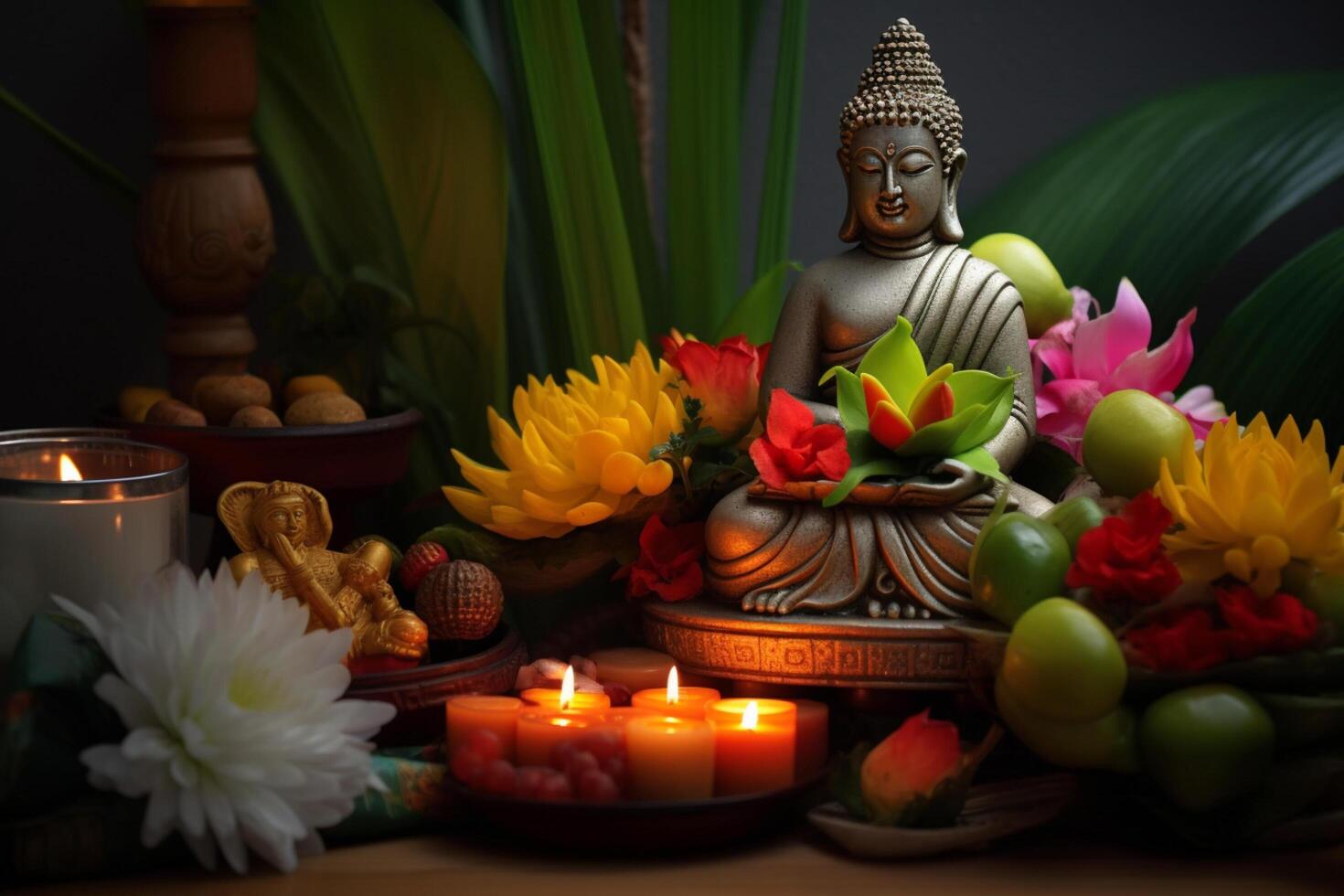 A buddha sits in a garden with a lotus and candles. Background for vesak festival celebration. Vesak day concept. Vesak celebration day greetings by photo