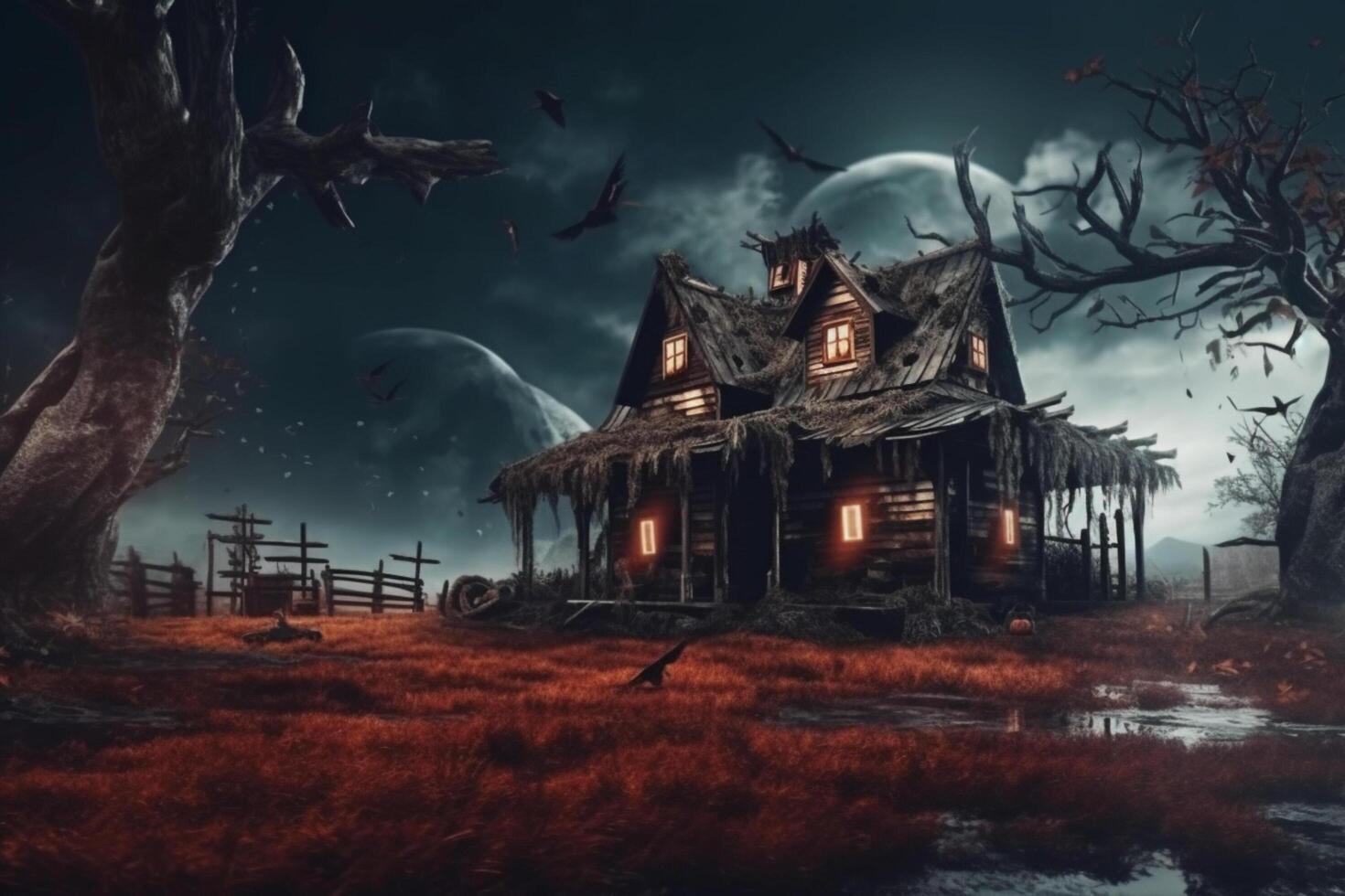 Haunted house on halloween celebration concept. Spooky house halloween background with deserted building and pumpkin. Scary house with creepy building at night by photo