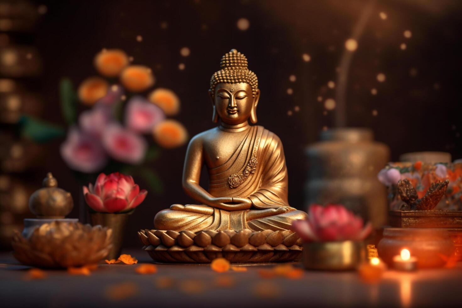 A buddha sits in a garden with a lotus and candles. Background for vesak festival celebration. Vesak day concept. Vesak celebration day greetings by photo