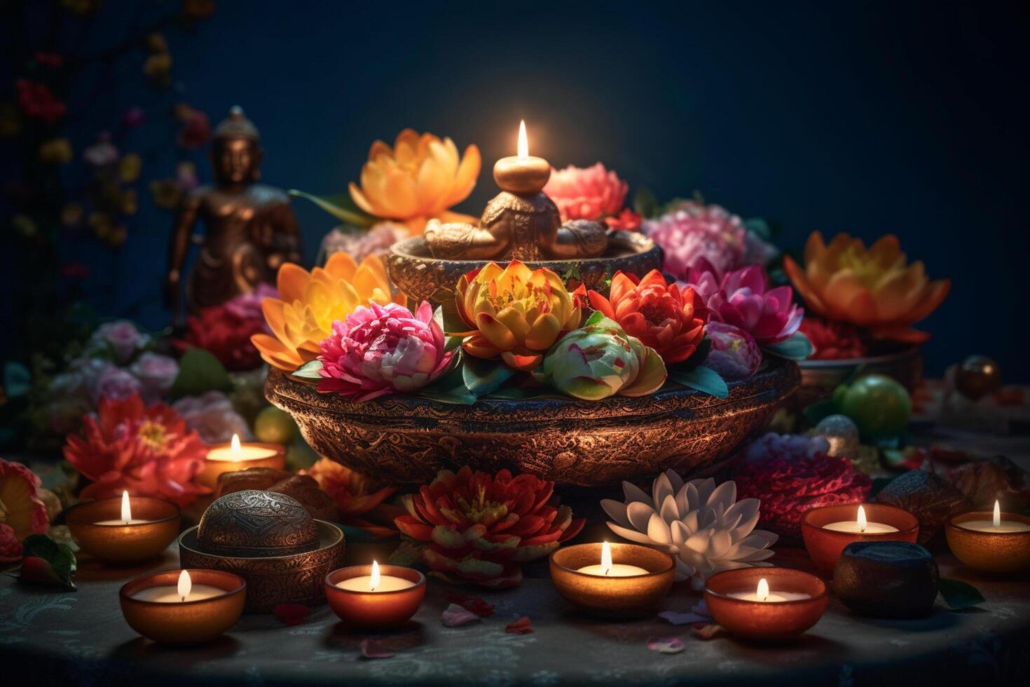 A buddha sits in a garden with a lotus and candles. Background for vesak festival celebration. Vesak day concept. Vesak celebration day greetings by photo