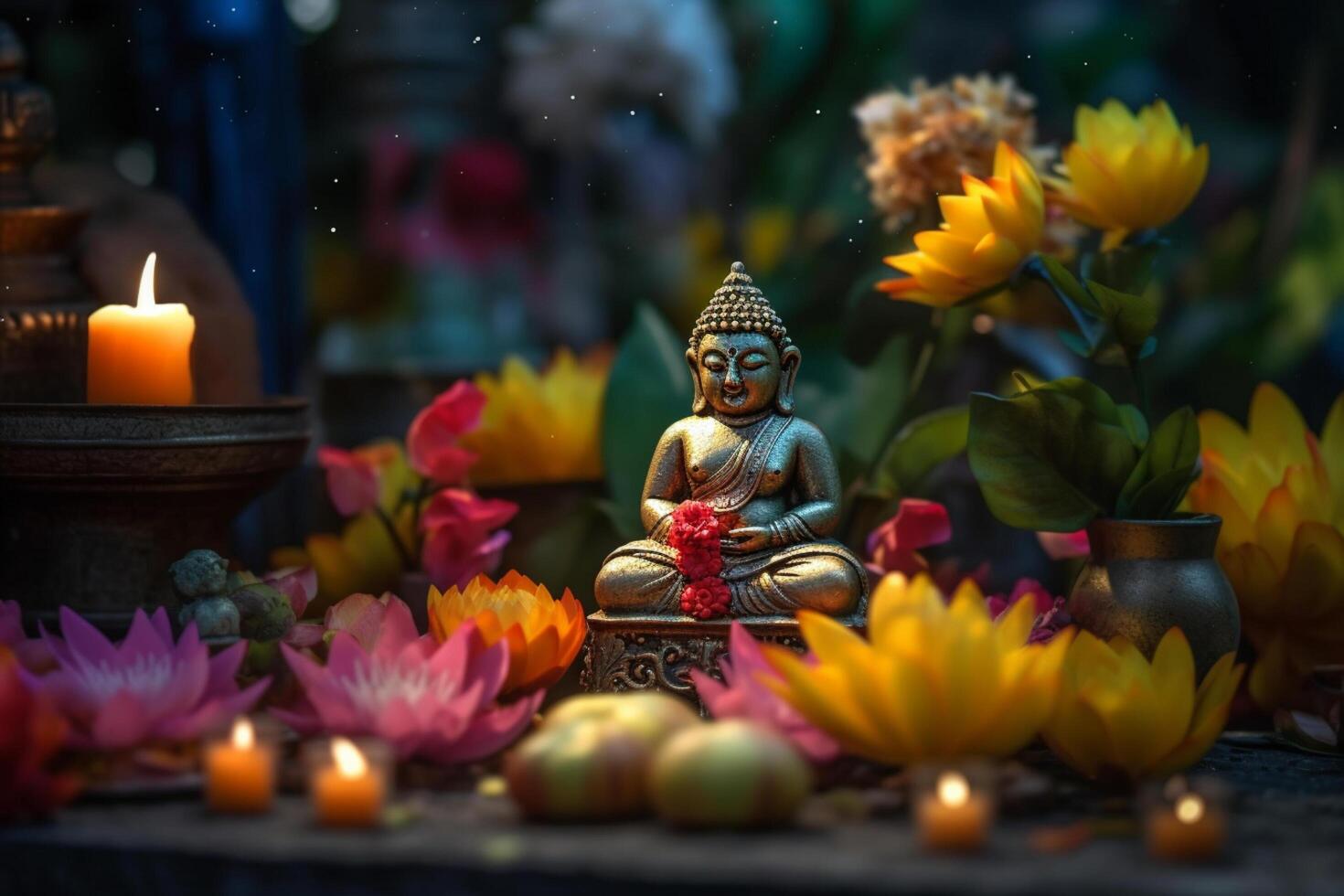 A buddha sits in a garden with a lotus and candles. Background for vesak festival celebration. Vesak day concept. Vesak celebration day greetings by photo