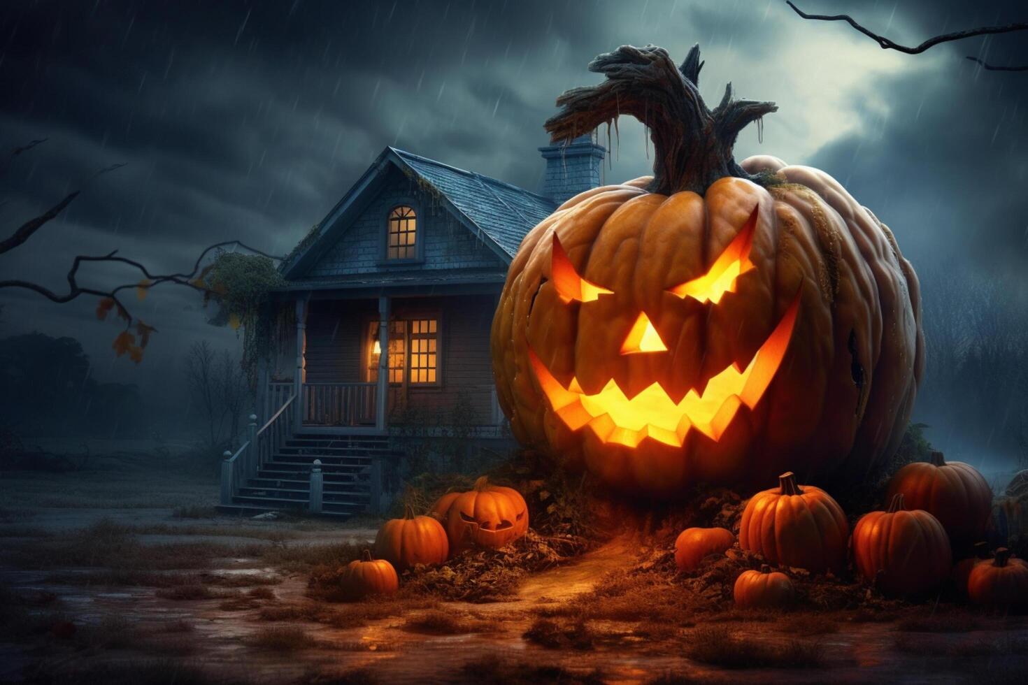 Scary pumpkin and house in night of full moon on halloween celebration concept. Spooky halloween background with pumpkin. Dirty house and pumpkin on halloween celebration concept by photo