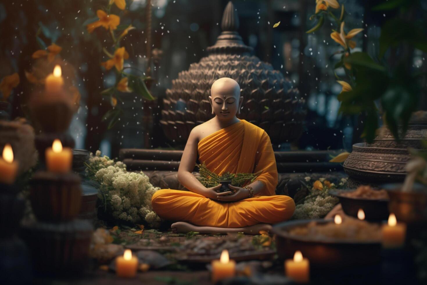 A buddha sits in a garden with a lotus and candles. Background for vesak festival celebration. Vesak day concept. Vesak celebration day greetings by photo