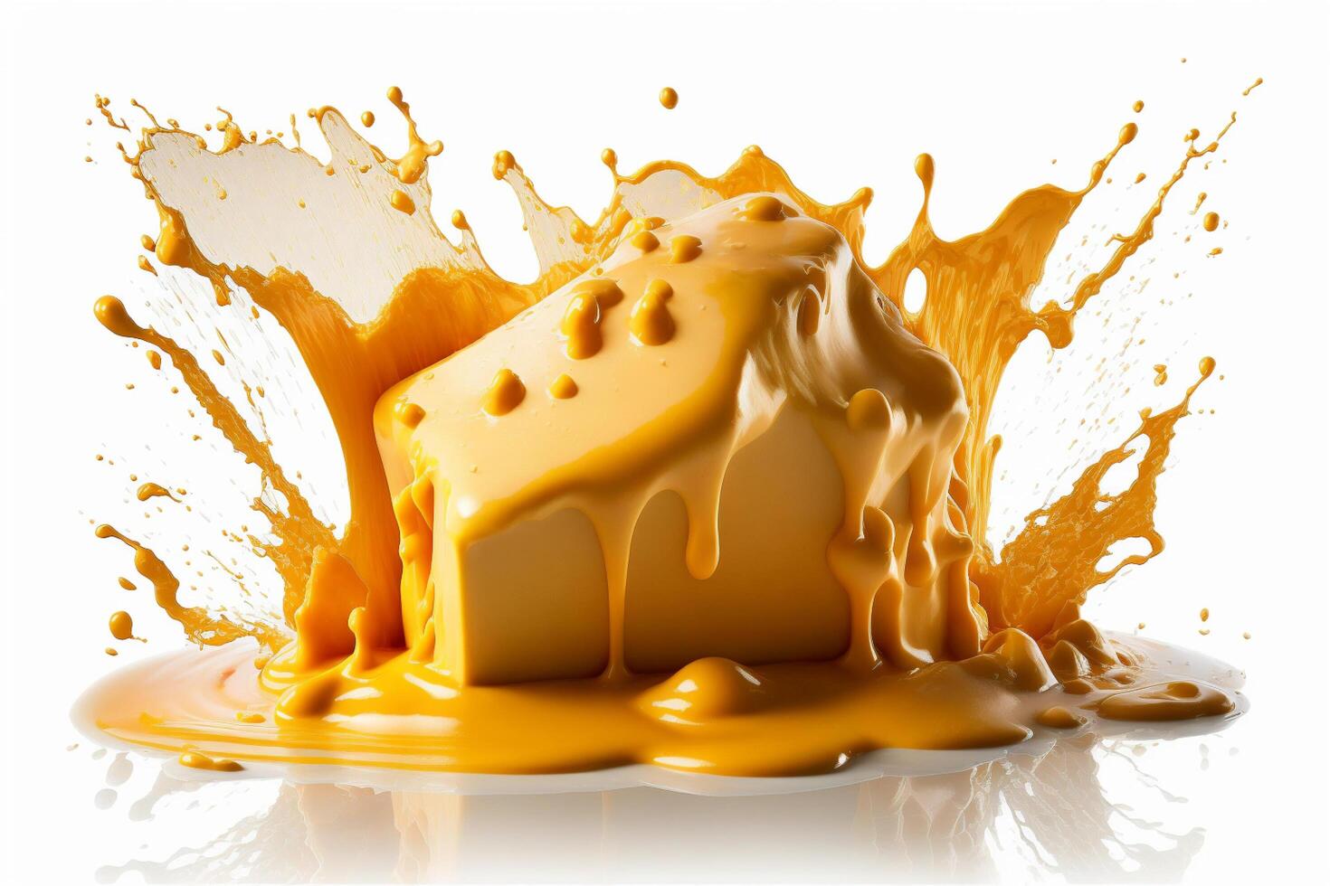 A delicious melting cheese splash in a realistic style. Hot cheese or cheddar splash. Tasty cheese liquid splash. Cheese sauce crown splash. For italian food, world cheese day, dessert by photo