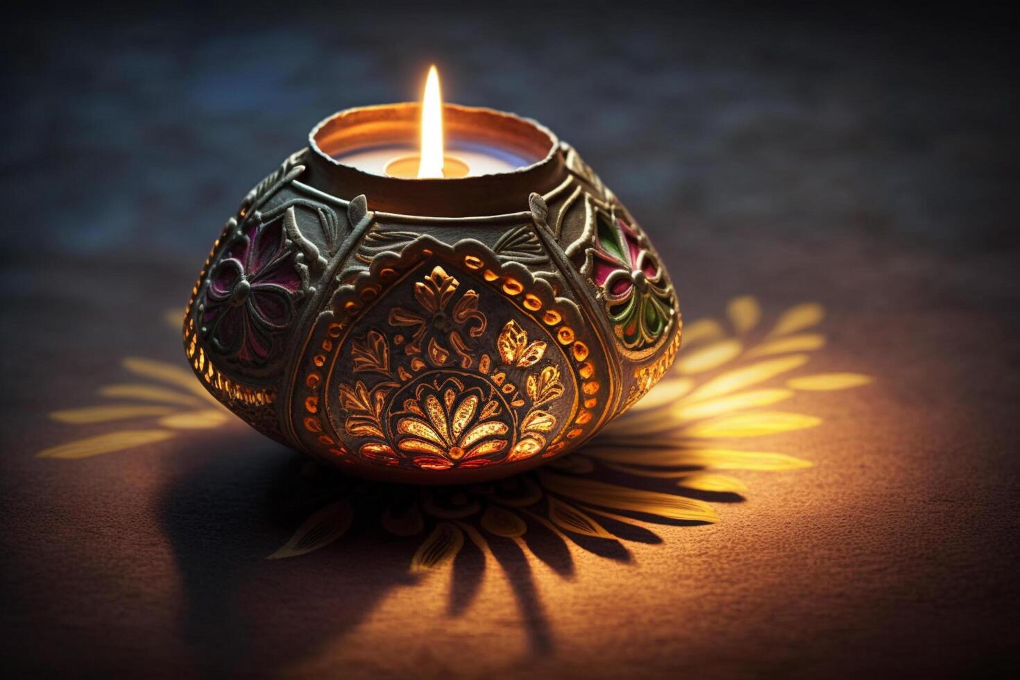 Happy diwali or deepavali traditional indian festival with clay diya oil lamp. Indian hindu festival of light symbol with candle and light. Clay diya lamp lit during diwali celebration by photo