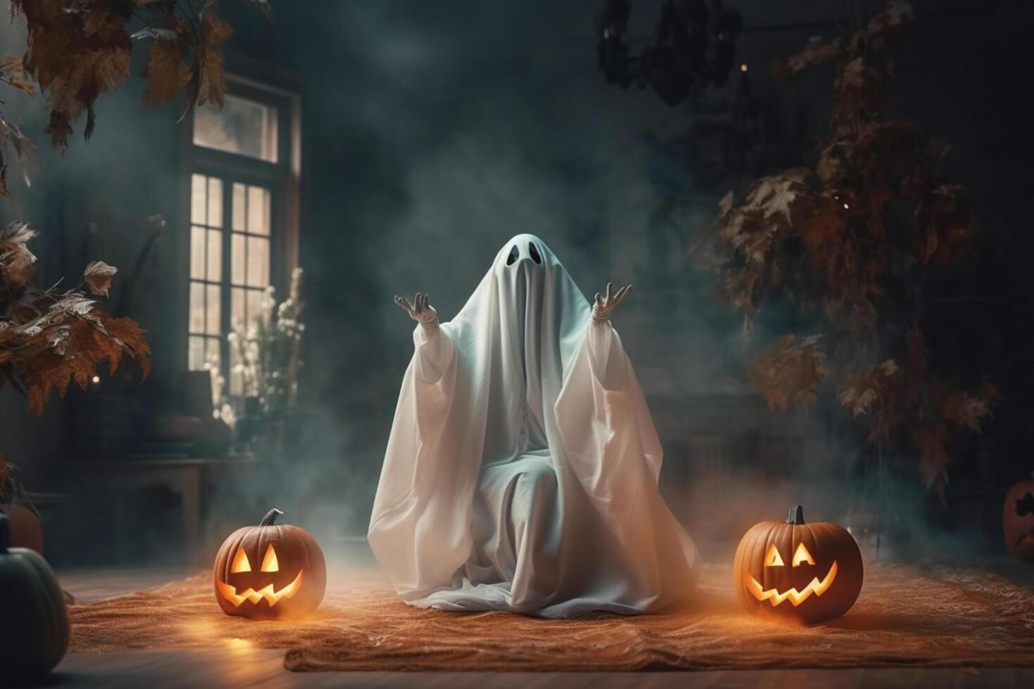 Human in spooky ghosts costume flying inside the old house or forest at night. Spooky halloween background with ghost. Ghost on halloween celebration concept by photo