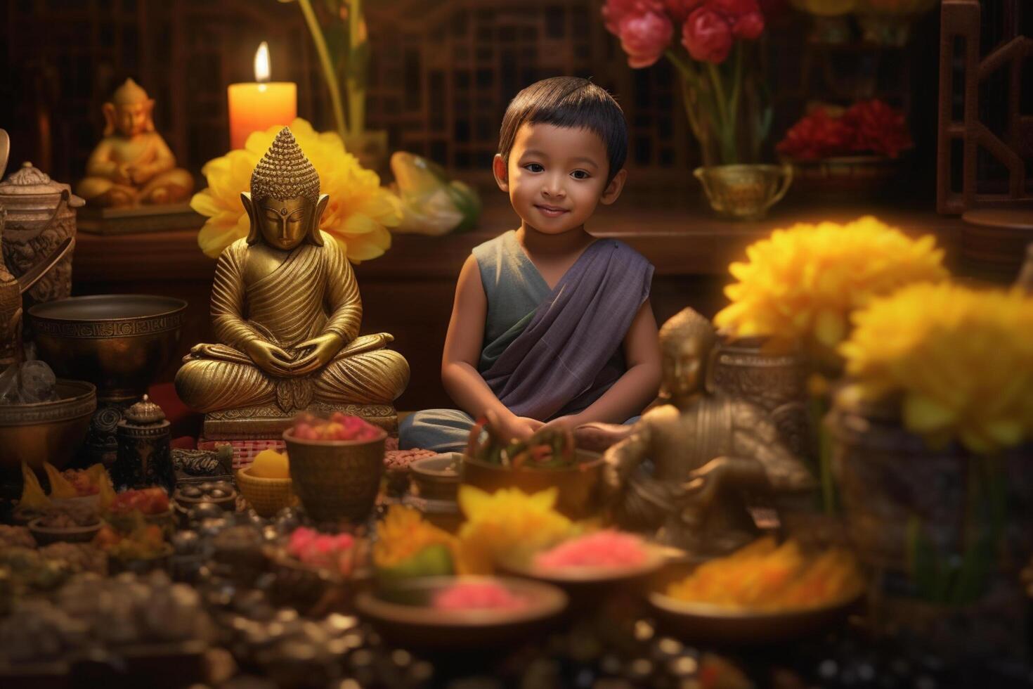 A young buddha sits in a garden with a lotus and candles. Background for vesak festival celebration. Vesak day concept. Vesak celebration day greetings by photo