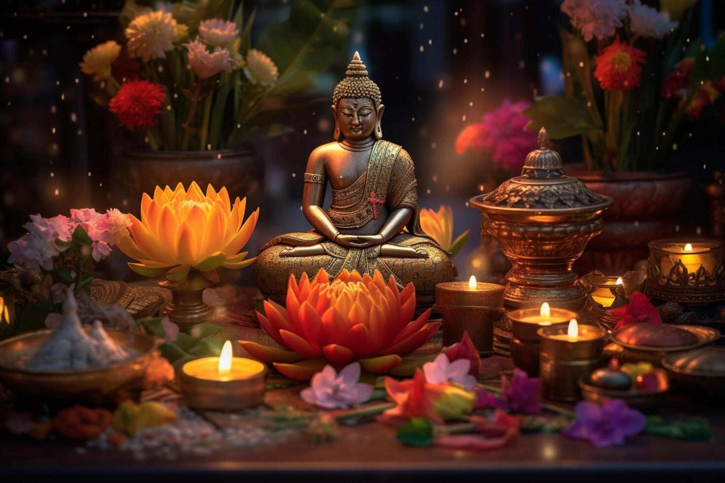 A buddha sits in a garden with a lotus and candles. Background for vesak festival celebration. Vesak day concept. Vesak celebration day greetings by photo