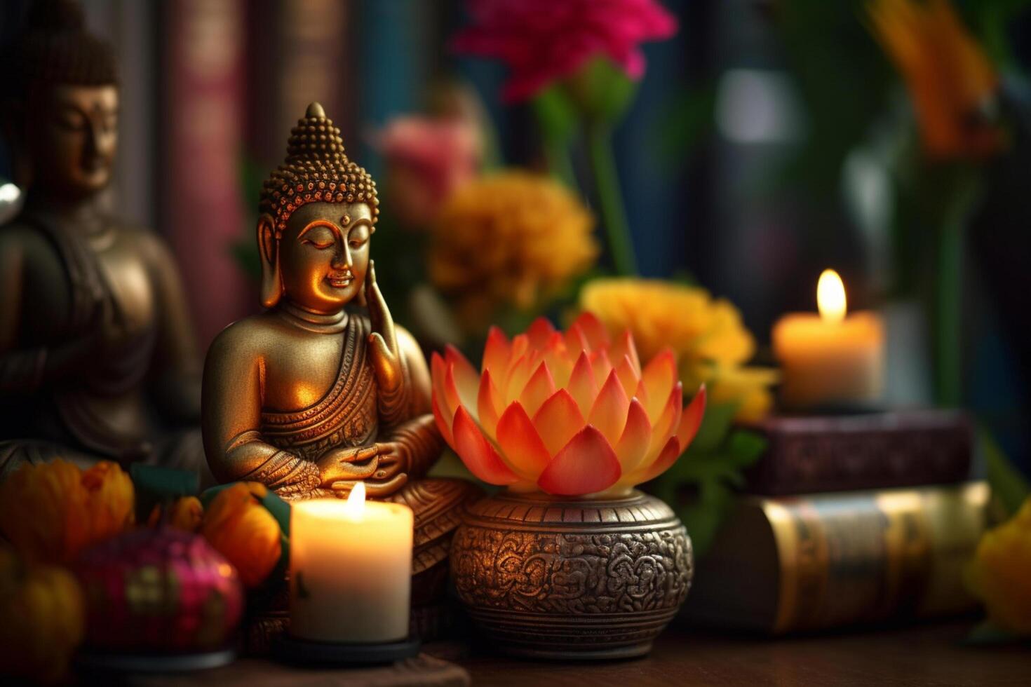A buddha sits in a garden with a lotus and candles. Background for vesak festival celebration. Vesak day concept. Vesak celebration day greetings by photo