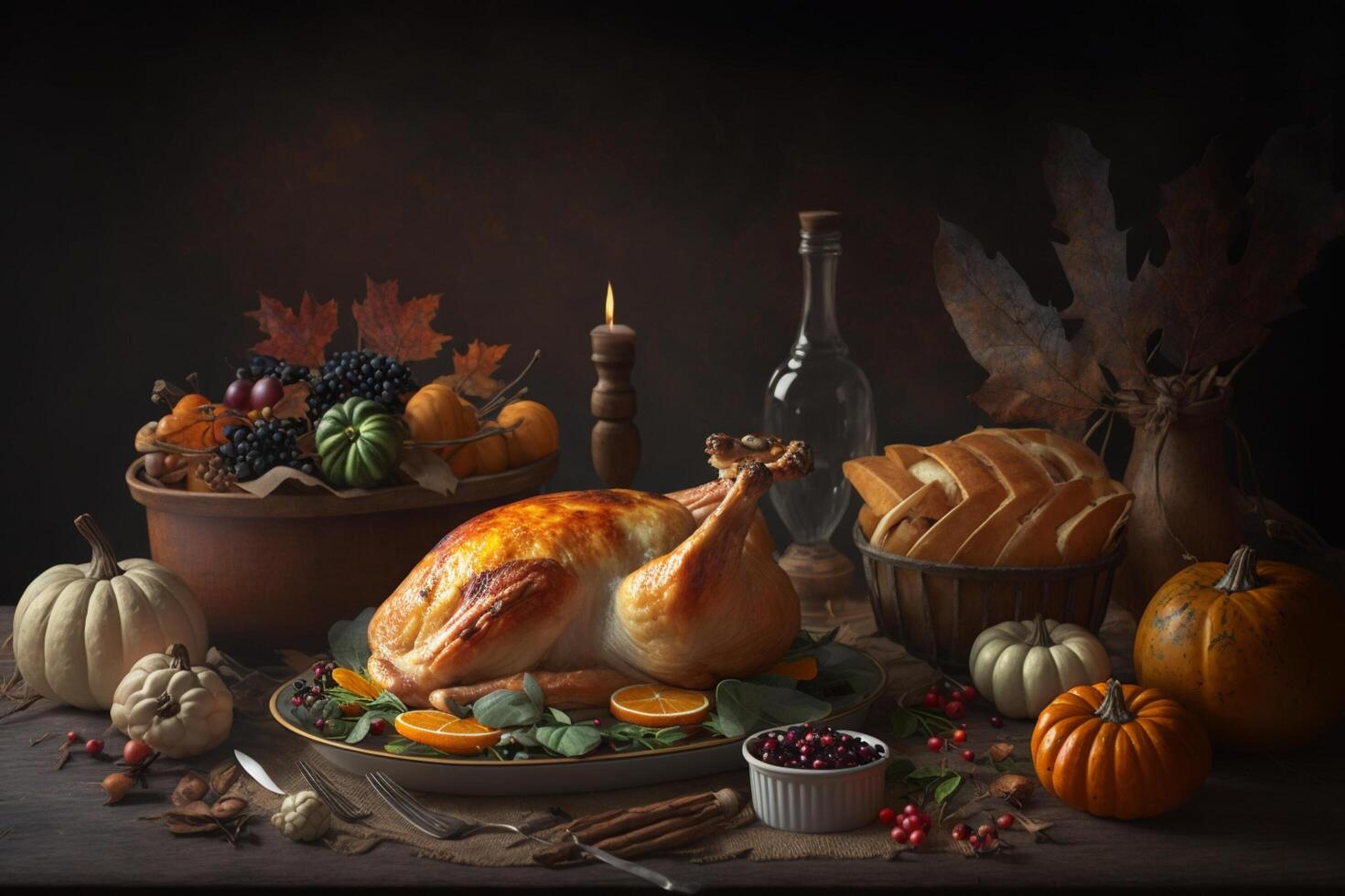 Thanksgiving day meal with pie, pumpkin, oranges, or roasted chicken in oven form. Flat lay assortment with delicious thanksgiving food. Happy thanksgiving day concept by photo