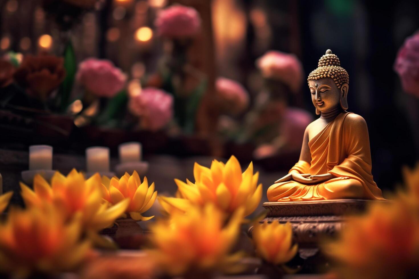 A buddha sits in a garden with a lotus and candles. Background for vesak festival celebration. Vesak day concept. Vesak celebration day greetings by photo