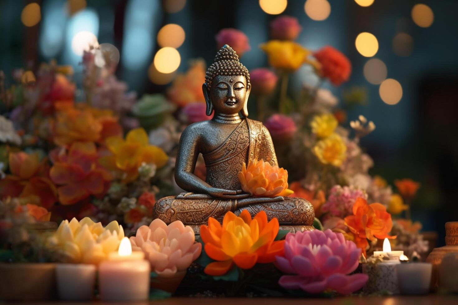 A buddha sits in a garden with a lotus and candles. Background for vesak festival celebration. Vesak day concept. Vesak celebration day greetings by photo