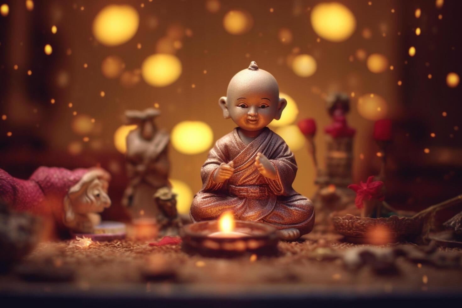 A buddha sits in a garden with a lotus and candles. Background for vesak festival celebration. Vesak day concept. Vesak celebration day greetings by photo