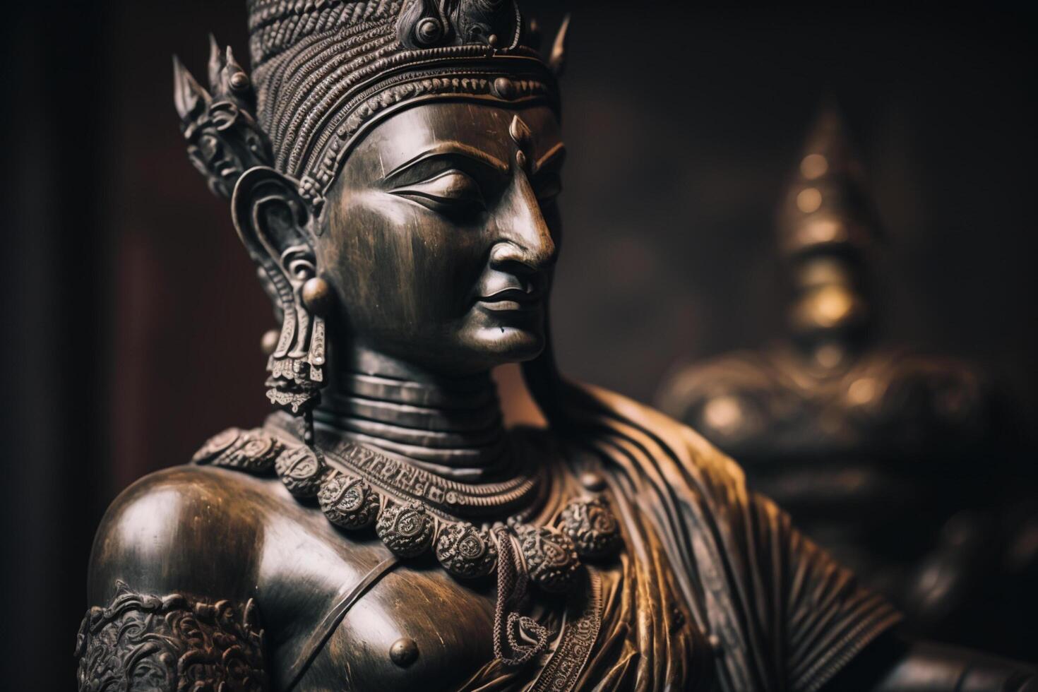 A thai buddha statue sits and meditating at buddhist temple. Ancient thailand buddha face. Background for vesak festival celebration. Vesak day concept. Vesak celebration day greetings by photo