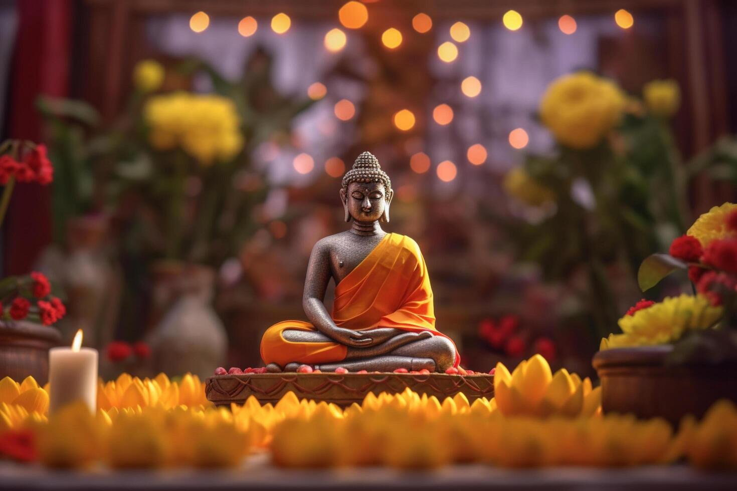 A buddha sits in a garden with a lotus and candles. Background for vesak festival celebration. Vesak day concept. Vesak celebration day greetings by photo