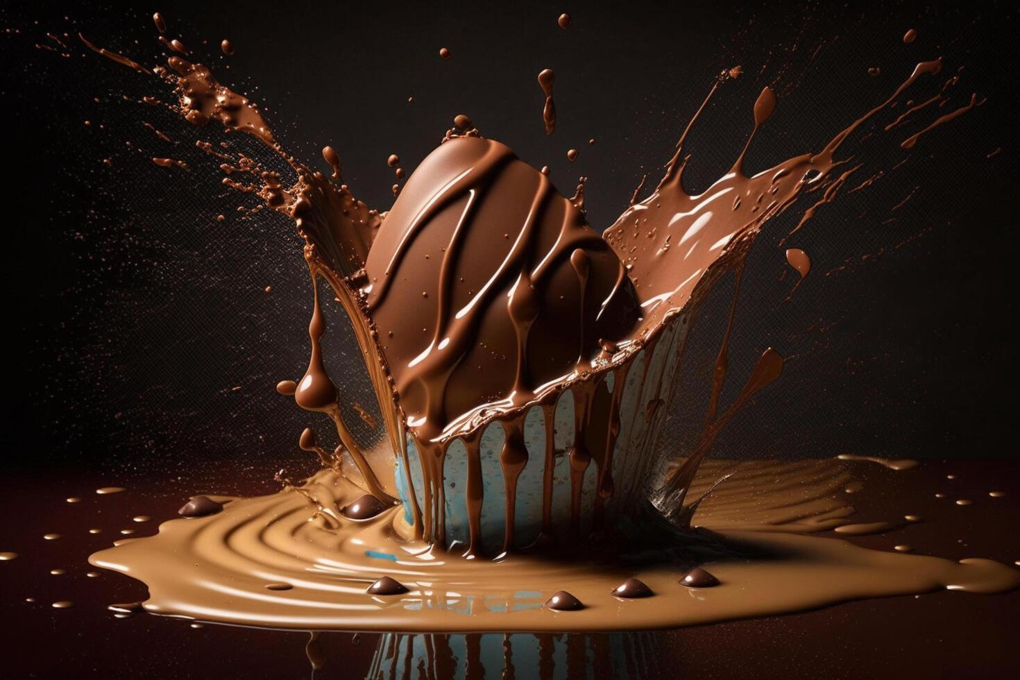 A delicious melting chocolate splash in a realistic style. Hot chocolate, cacao or coffee splash. Tasty chocolate liquid splash. Chocolate sauce crown splash. For chocolate day dessert by photo