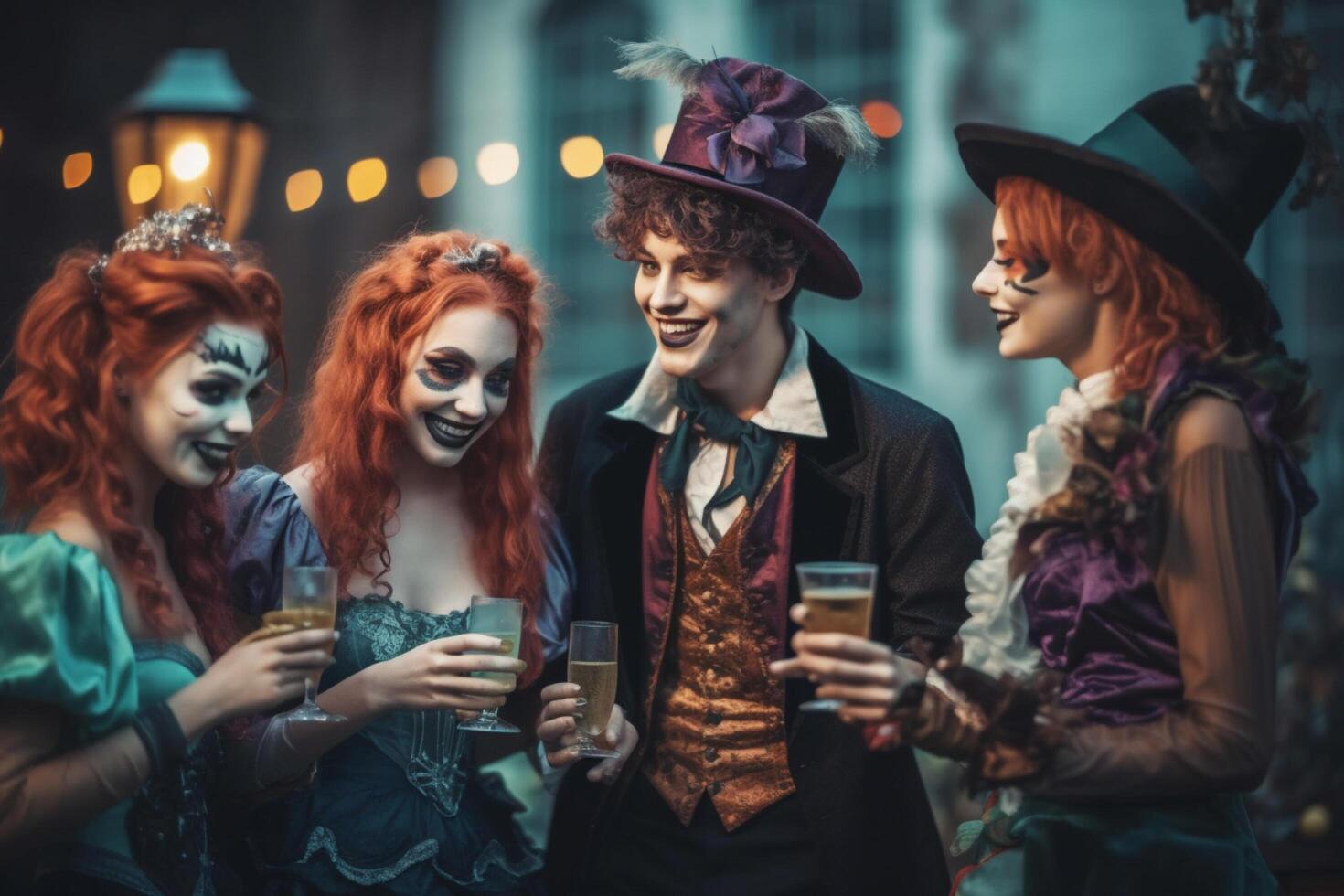 Teenagers friends in costumes celebrating and having fun at halloween party. Young people at costumes party halloween celebration concept by photo