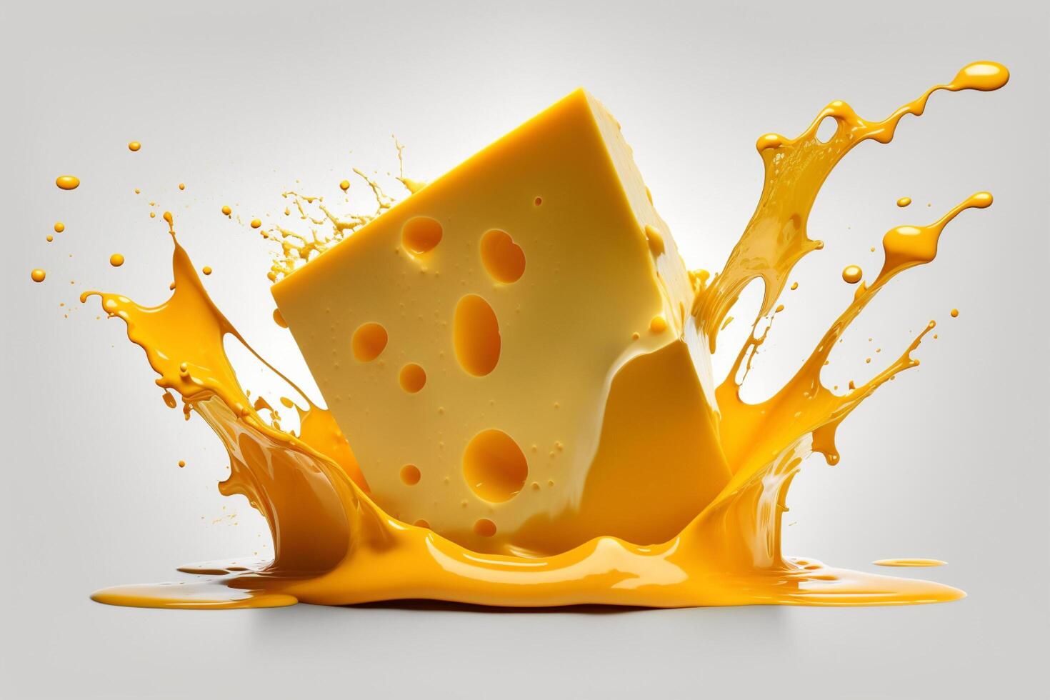 A delicious melting cheese splash in a realistic style. Hot cheese or cheddar splash. Tasty cheese liquid splash. Cheese sauce crown splash. For italian food, world cheese day, dessert by photo