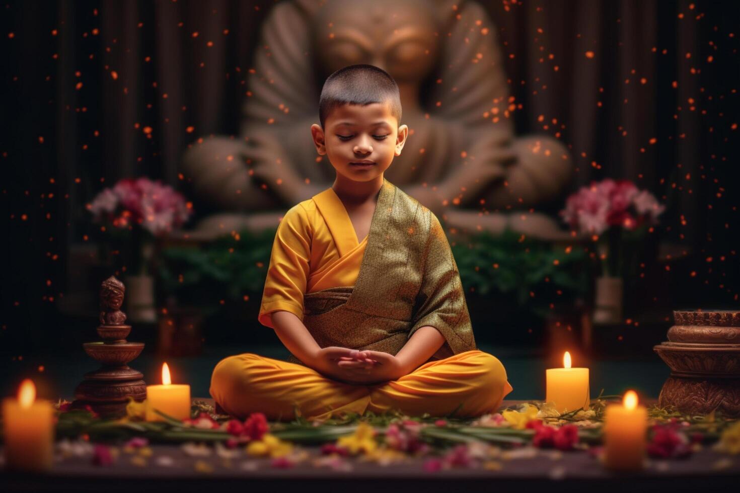 A young buddha sits in a garden with a lotus and candles. Background for vesak festival celebration. Vesak day concept. Vesak celebration day greetings by photo