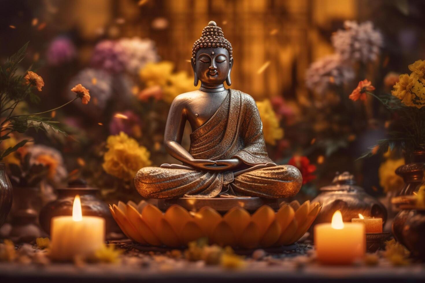 A buddha sits in a garden with a lotus and candles. Background for vesak festival celebration. Vesak day concept. Vesak celebration day greetings by photo