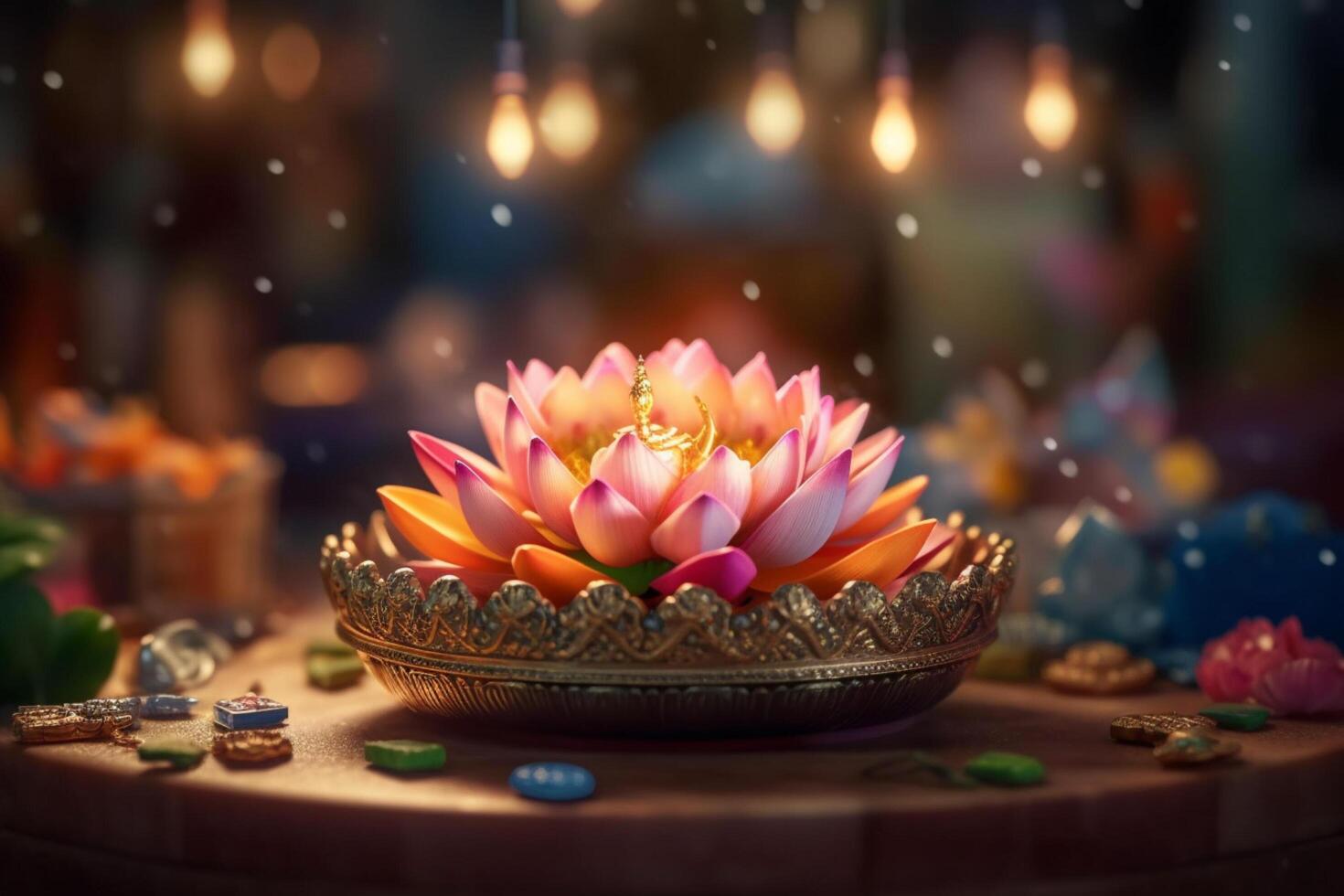 A buddha sits in a garden with a lotus and candles. Background for vesak festival celebration. Vesak day concept. Vesak celebration day greetings by photo