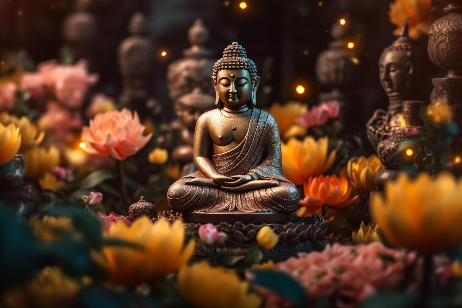 A buddha sits in a garden with a lotus and candles. Background for vesak festival celebration. Vesak day concept. Vesak celebration day greetings by photo