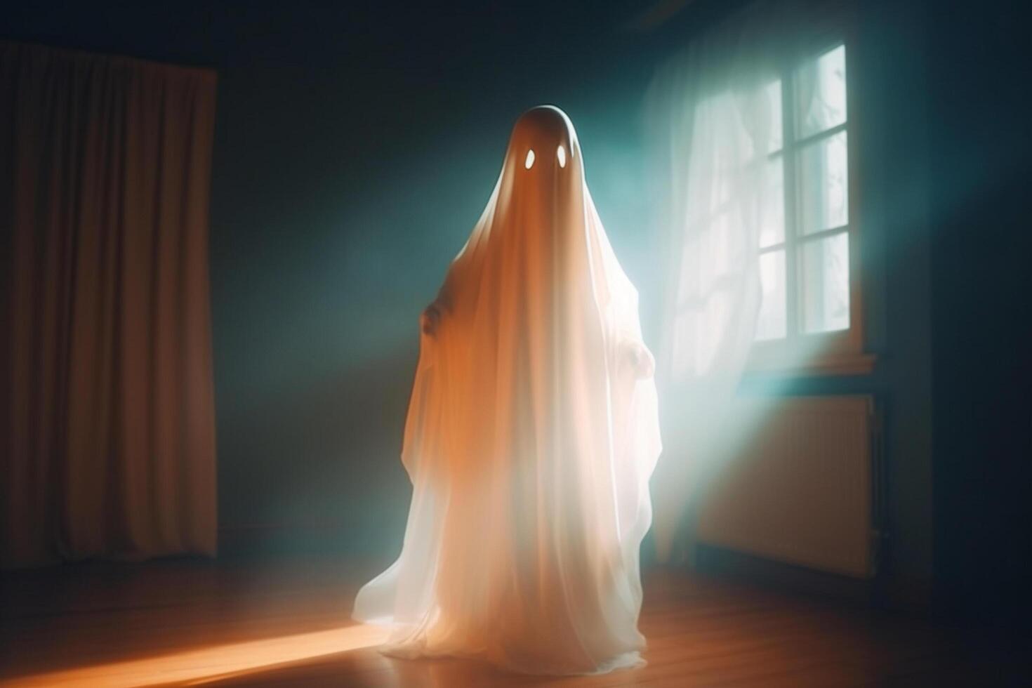 Human in spooky ghosts costume flying inside the old house or forest at night. Spooky halloween background with ghost. Ghost on halloween celebration concept by photo