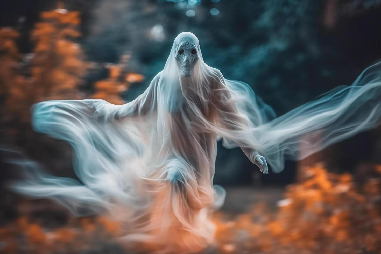 Human in spooky ghosts costume flying inside the old house or forest at night. Spooky halloween background with ghost. Ghost on halloween celebration concept by photo