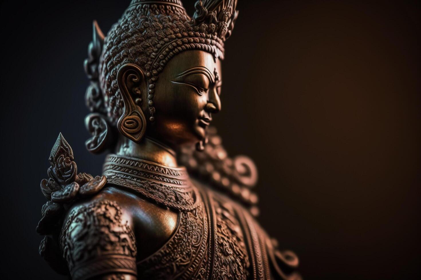 A thai buddha statue sits and meditating at buddhist temple. Ancient thailand buddha face. Background for vesak festival celebration. Vesak day concept. Vesak celebration day greetings by photo
