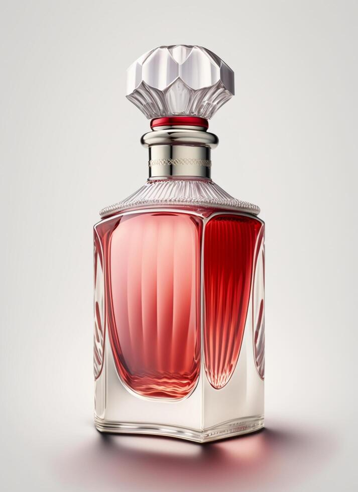 A high class bottle of glass perfume with light red liquid. Aromatic perfume bottles on white background. Beauty product, cosmetic, perfume day, fragrance day or perfume launch event by photo