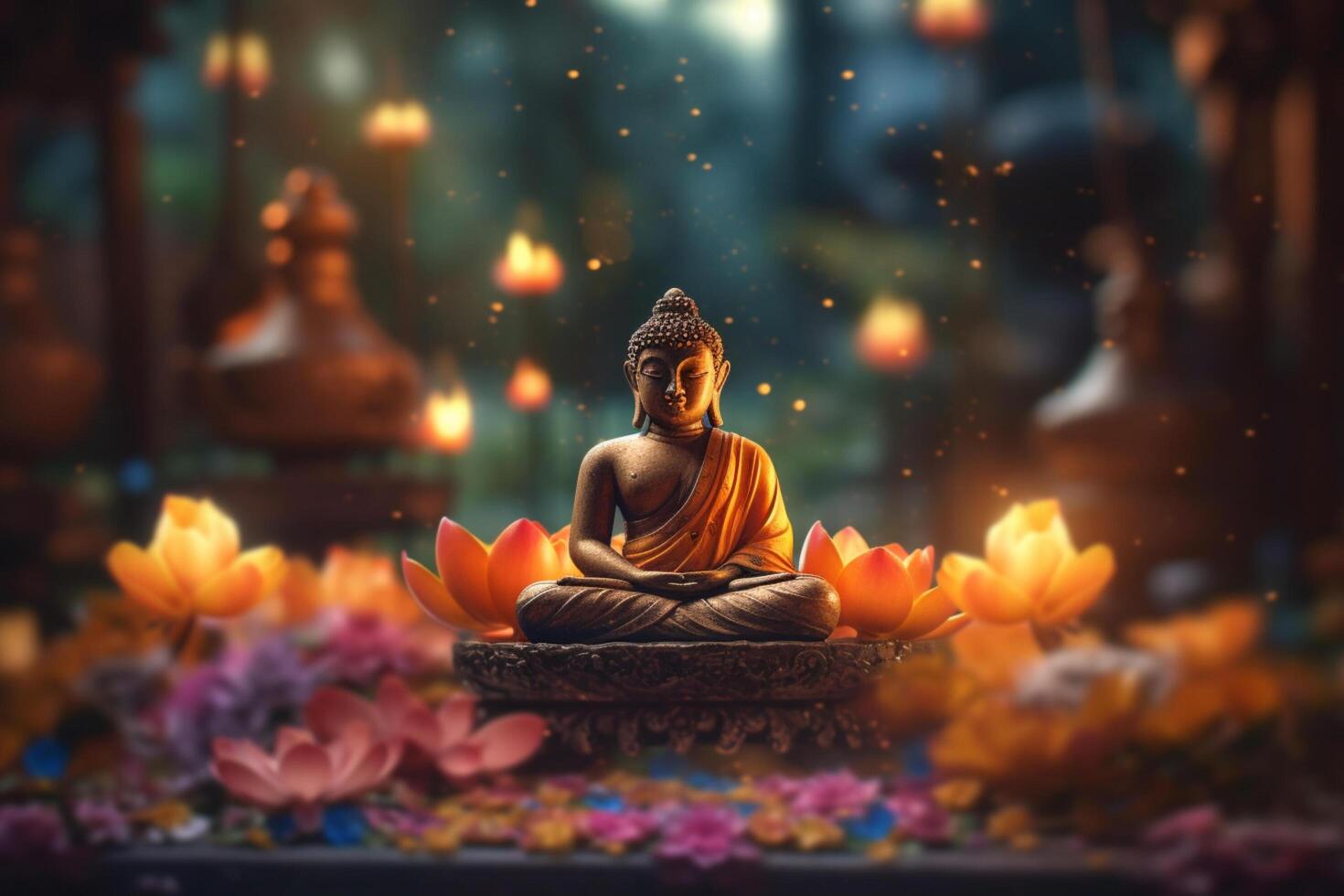 A buddha sits in a garden with a lotus and candles. Background for vesak festival celebration. Vesak day concept. Vesak celebration day greetings by photo